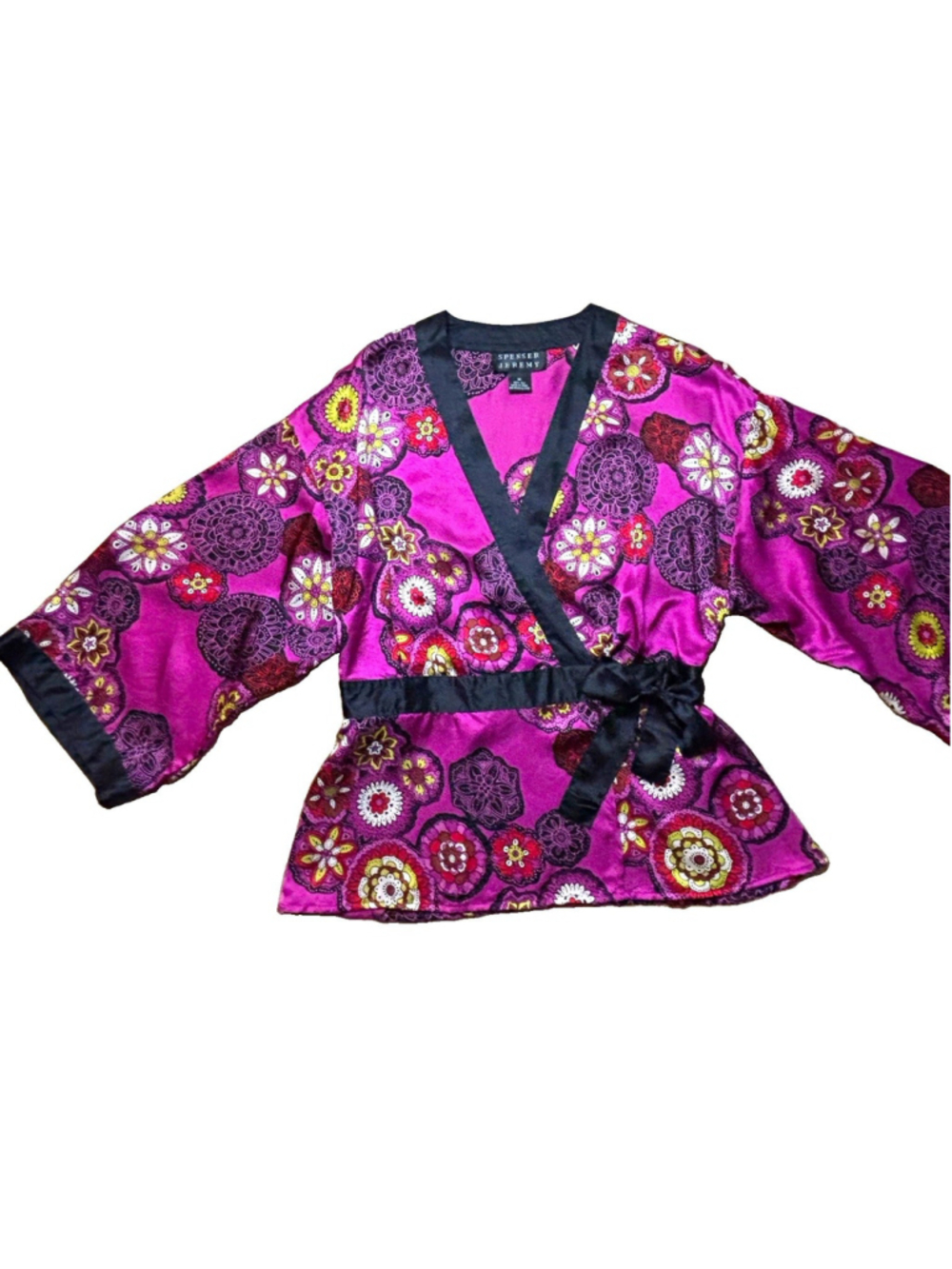 Spenser Jeremy Silk Wrap Top Medium Magenta Floral Kimono Blouse Y2K V-Neck